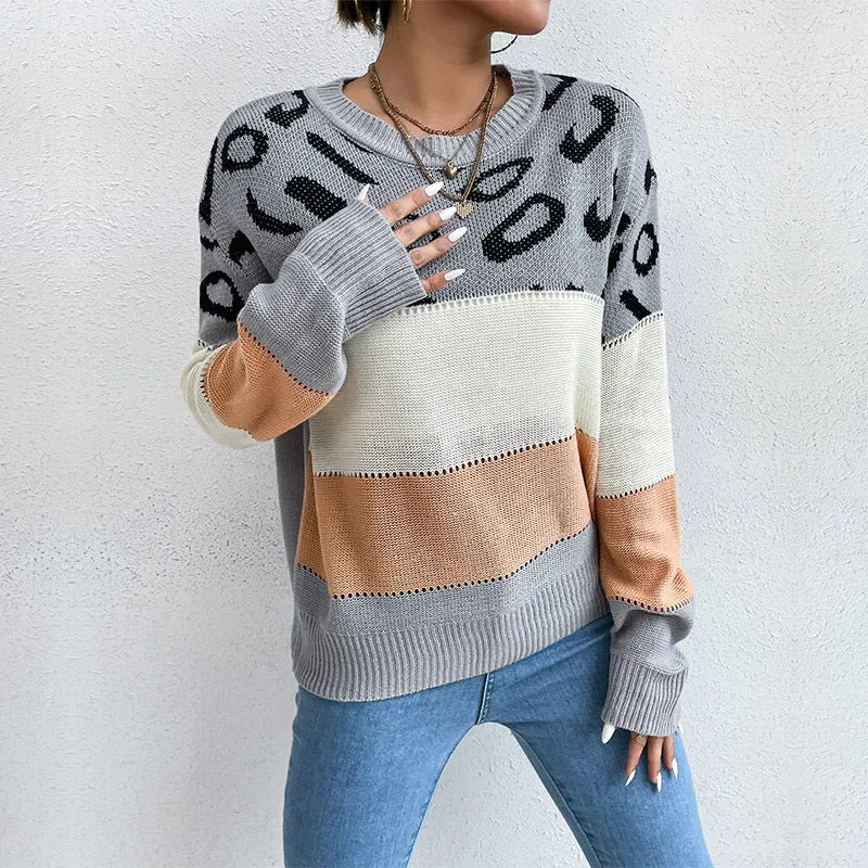 Damen Oversize-Feinstrickpullover mit Leoparden-Jacquard, Blockstreifen & offener Naht Nord Taschen