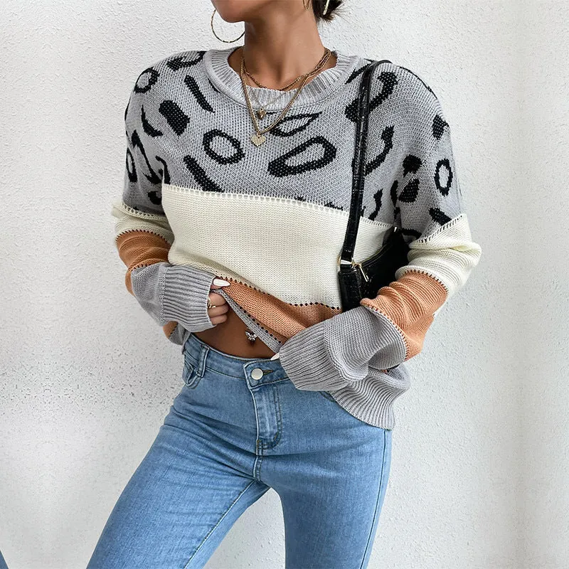 Damen Oversize-Feinstrickpullover mit Leoparden-Jacquard, Blockstreifen & offener Naht Nord Taschen