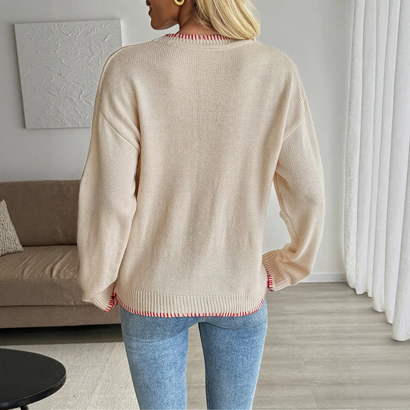 Damen Oversize-Feinstrickpullover mit Krebs-Jacquard, Rundhals und gerippten Abschlüssen Nord Taschen