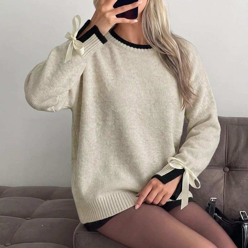 Damen Oversize-Feinstrickpullover mit kontrastgerippter Passe und Schleifen-Details Nord Taschen