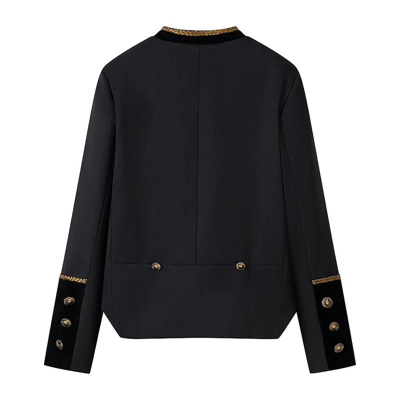 Damen Cropped Parade‑Militärjacke mit goldener Zierkordel, Stehkragen und Samtbesatz Nord Taschen