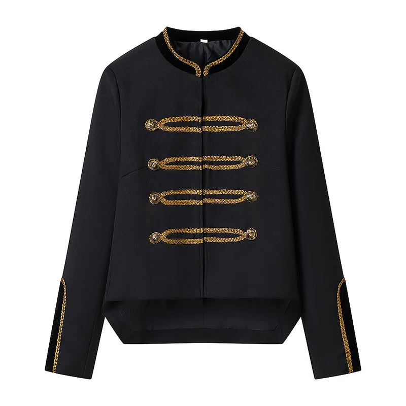 Damen Cropped Parade‑Militärjacke mit goldener Zierkordel, Stehkragen und Samtbesatz Nord Taschen