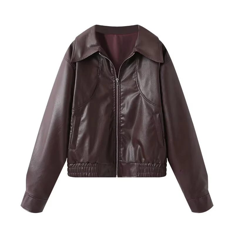 Damen Cropped Kunstleder-Bomberjacke mit übergroßem Hemdkragen und elastischem Saum Nord Taschen