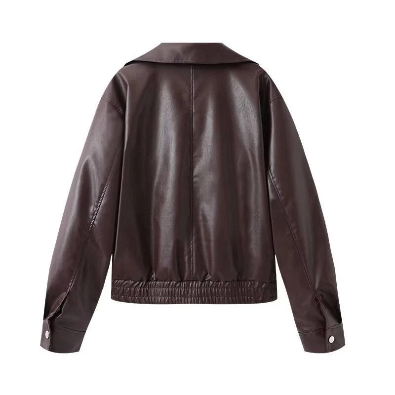 Damen Cropped Kunstleder-Bomberjacke mit übergroßem Hemdkragen und elastischem Saum Nord Taschen