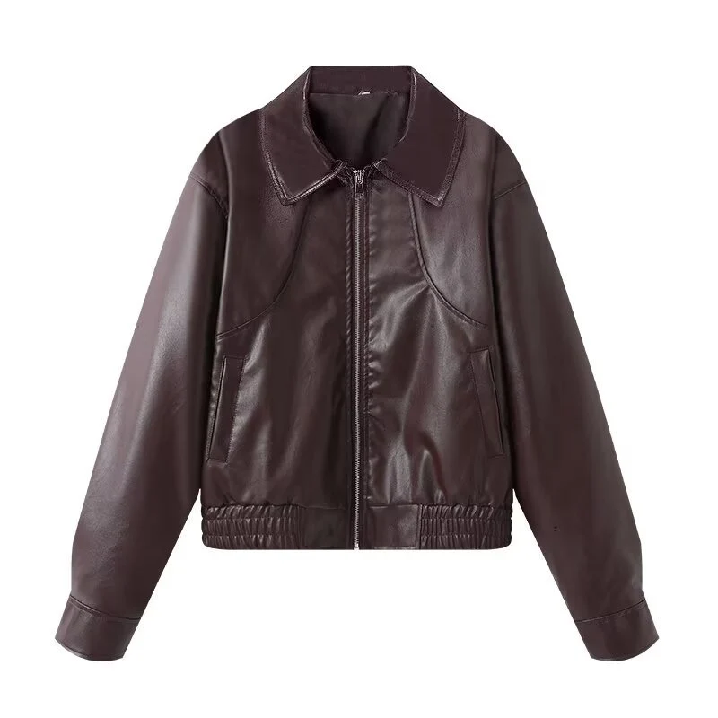 Damen Cropped Kunstleder-Bomberjacke mit übergroßem Hemdkragen und elastischem Saum Nord Taschen