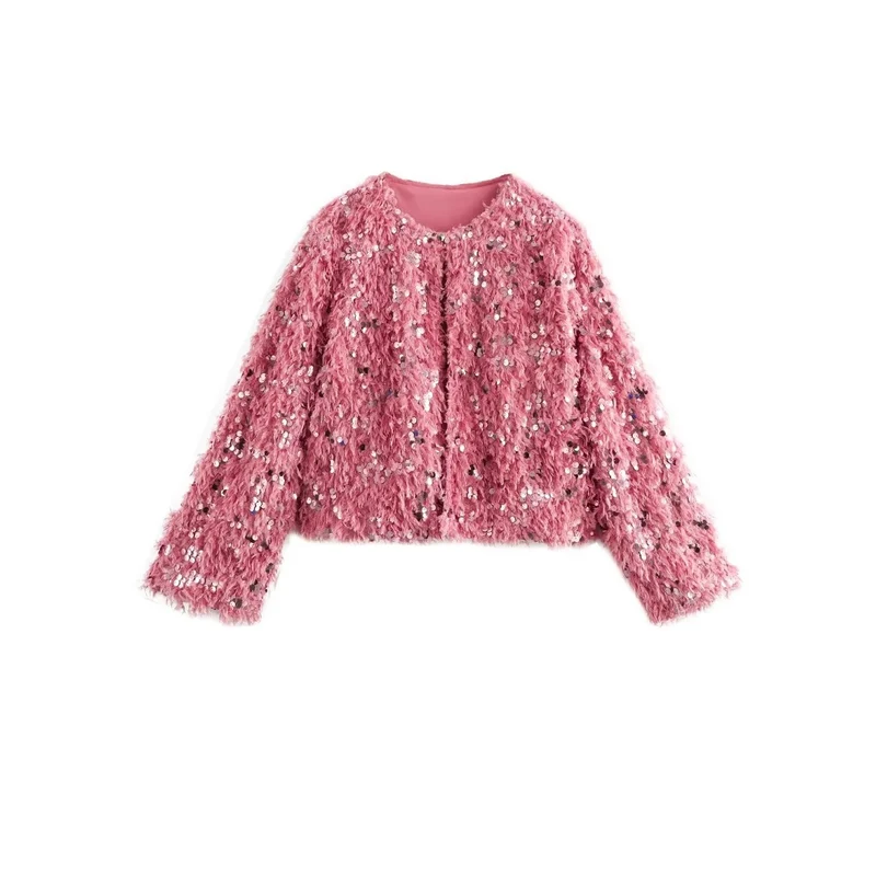 Damen Cropped‑Jacke aus flauschigem Faux‑Fur mit Paillettenbesatz Nord Taschen