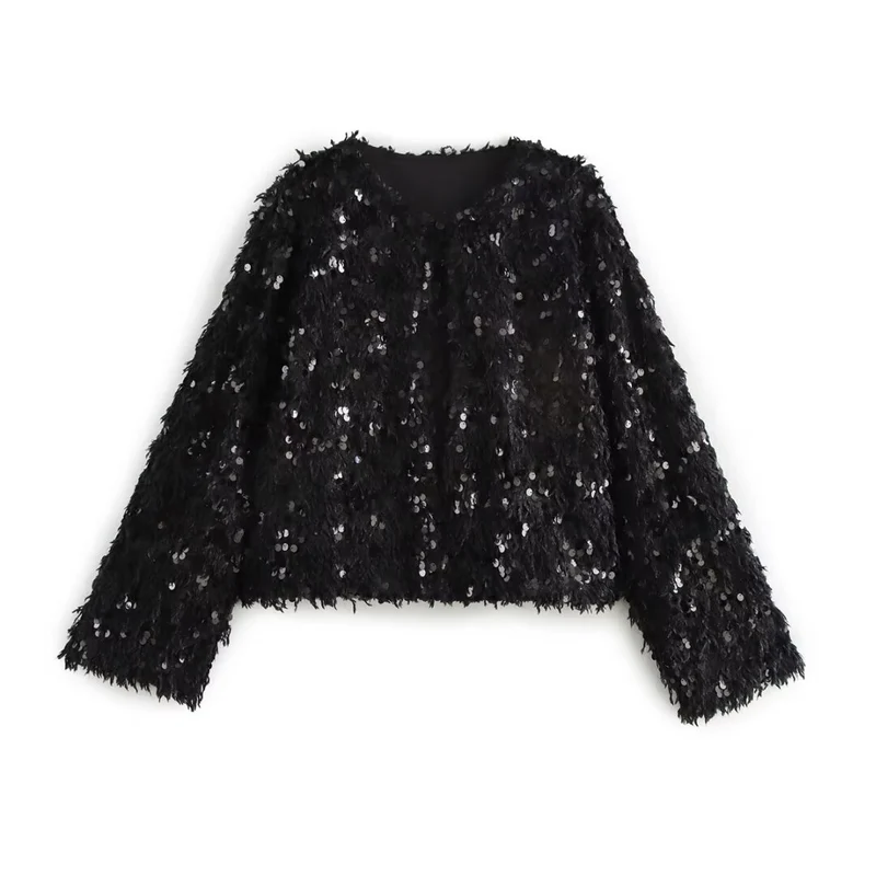 Damen Cropped‑Jacke aus flauschigem Faux‑Fur mit Paillettenbesatz Nord Taschen