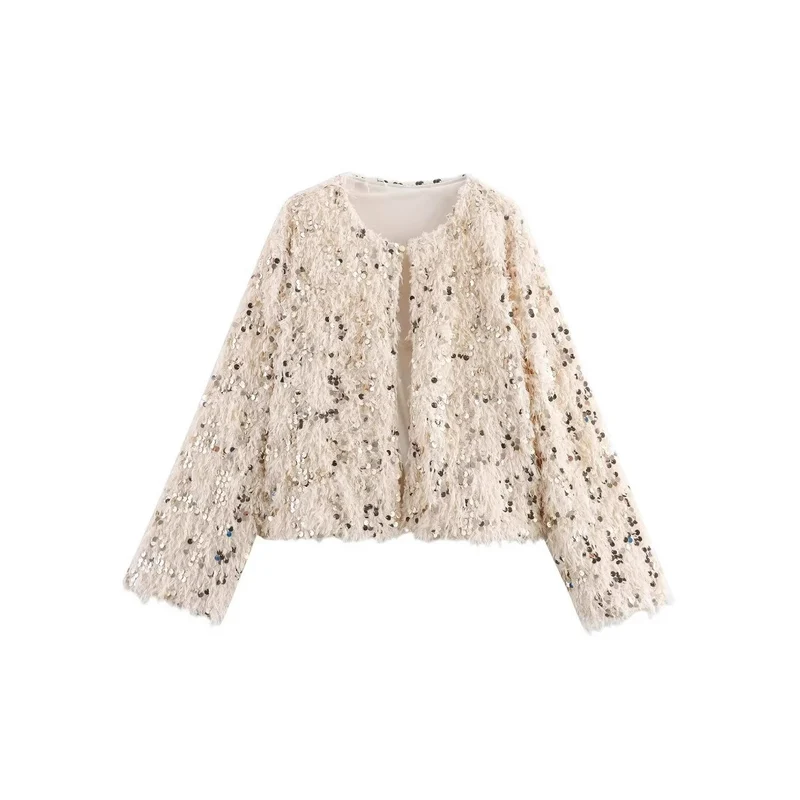 Damen Cropped‑Jacke aus flauschigem Faux‑Fur mit Paillettenbesatz Nord Taschen