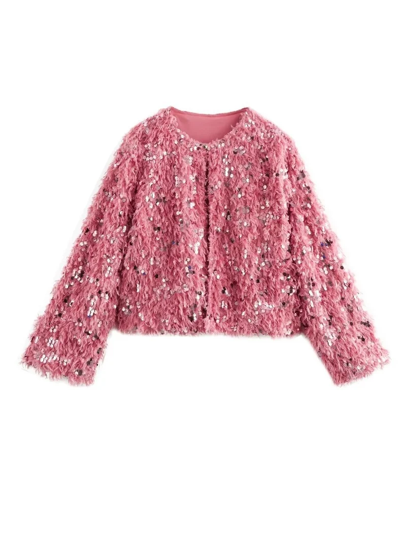 Damen Cropped‑Jacke aus flauschigem Faux‑Fur mit Paillettenbesatz Nord Taschen