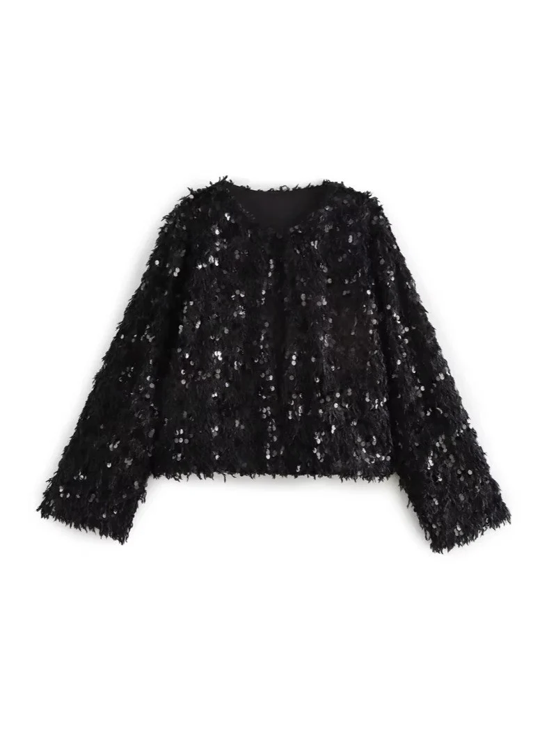 Damen Cropped‑Jacke aus flauschigem Faux‑Fur mit Paillettenbesatz Nord Taschen
