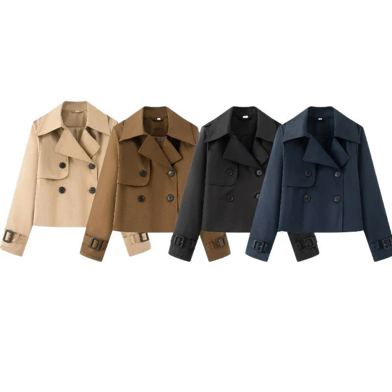Damen Cropped-Doppeltreiher Trenchcoat mit breitem Revers und verstellbaren Manschetten Nord Taschen