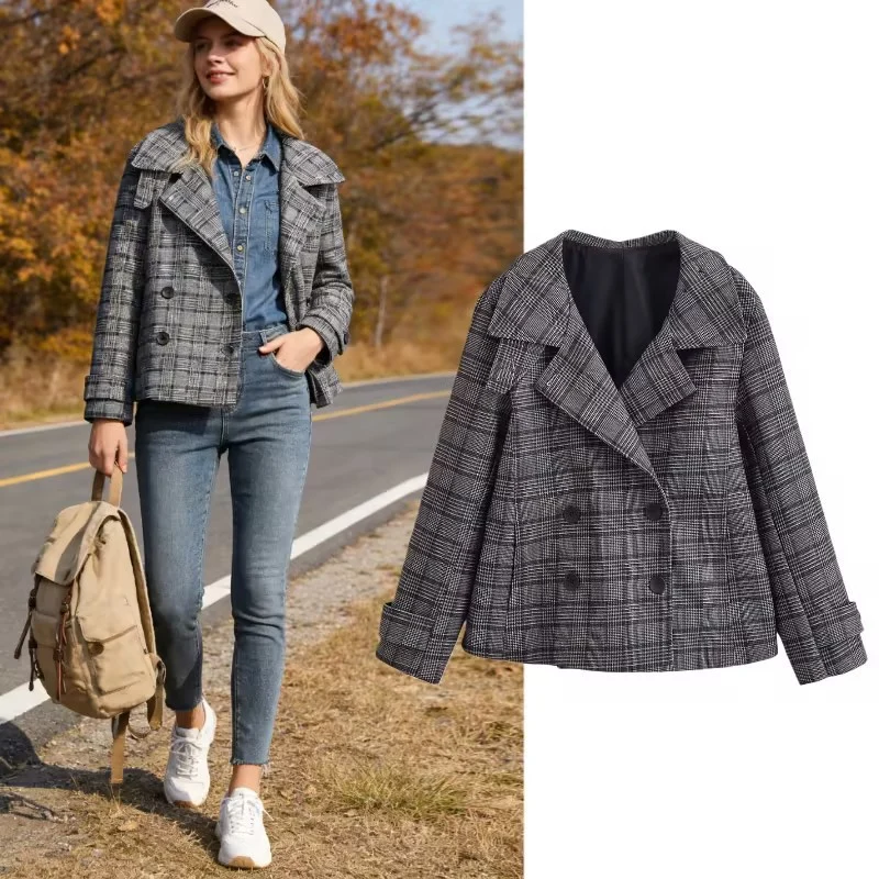 Damen Cropped Doppelreiher-Blazer im Glencheck mit oversized Revers und Umschlagärmeln Nord Taschen