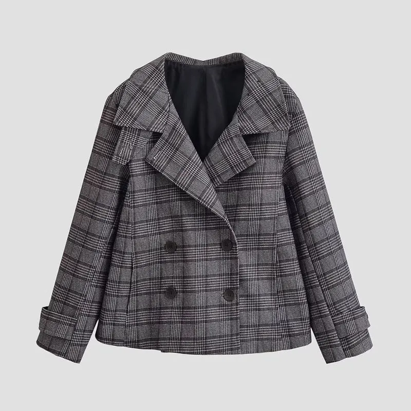 Damen Cropped Doppelreiher-Blazer im Glencheck mit oversized Revers und Umschlagärmeln Nord Taschen