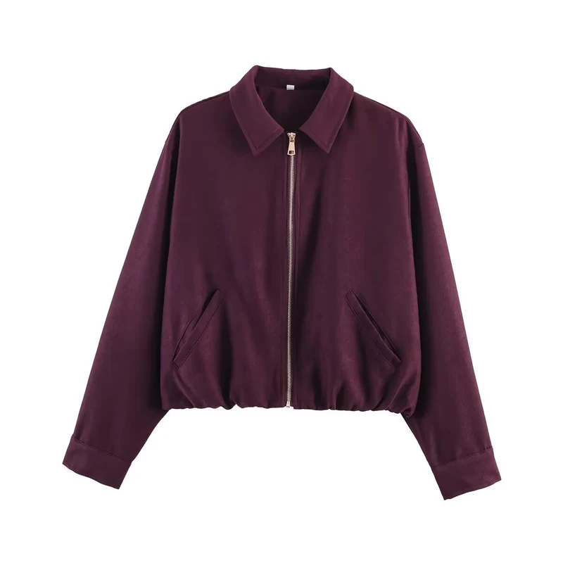 Damen Cropped Blousonjacke im Velours-Look mit Hemdkragen, elastischem Saum und Schrägtaschen Nord Taschen