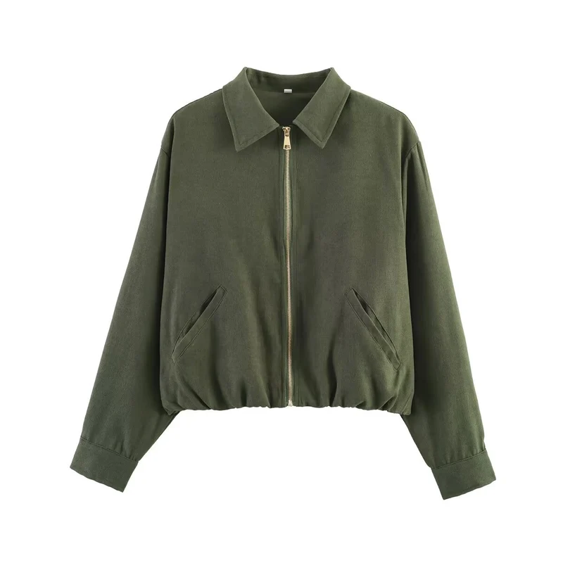 Damen Cropped Blousonjacke im Velours-Look mit Hemdkragen, elastischem Saum und Schrägtaschen Nord Taschen