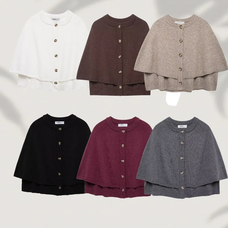 Damen Button-Front Strickcape mit doppelter Lage und Rundhalsausschnitt Nord Taschen