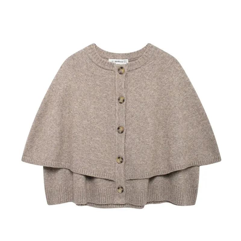Damen Button-Front Strickcape mit doppelter Lage und Rundhalsausschnitt Nord Taschen