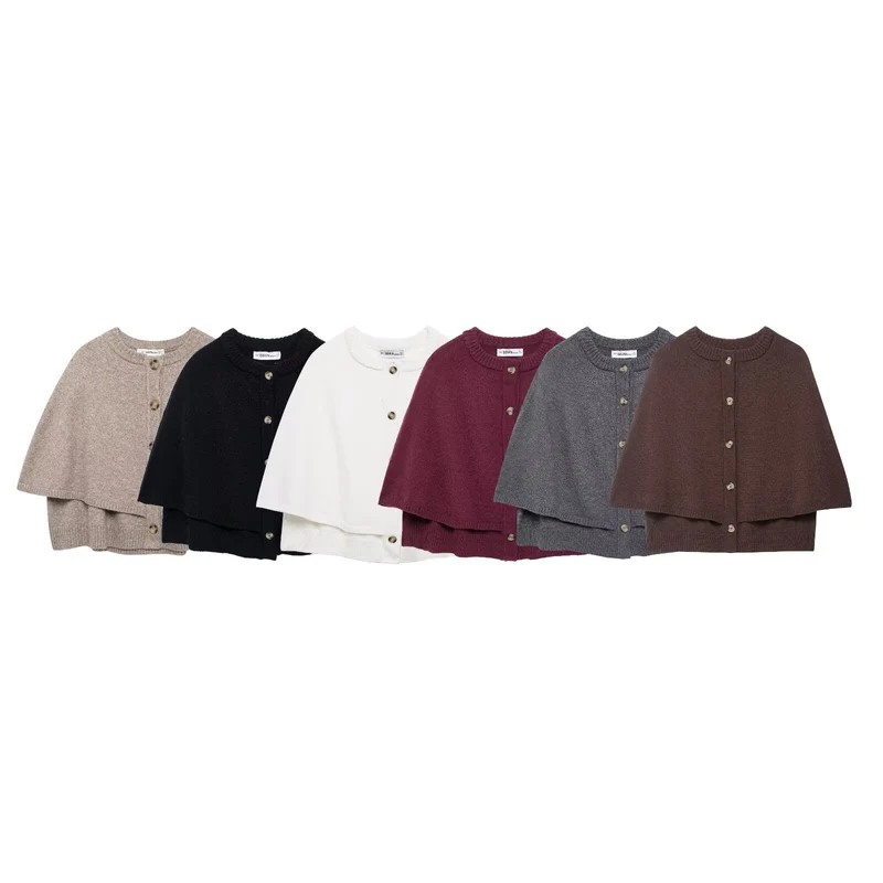 Damen Button-Front Strickcape mit doppelter Lage und Rundhalsausschnitt Nord Taschen