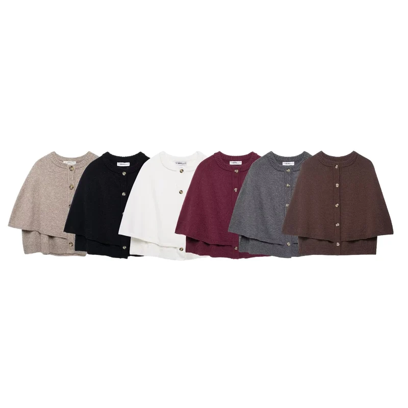 Damen Button-Front Strickcape mit doppelter Lage und Rundhalsausschnitt Nord Taschen