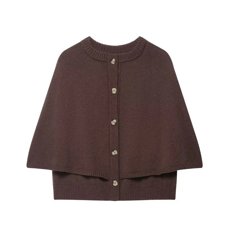 Damen Button-Front Strickcape mit doppelter Lage und Rundhalsausschnitt Nord Taschen
