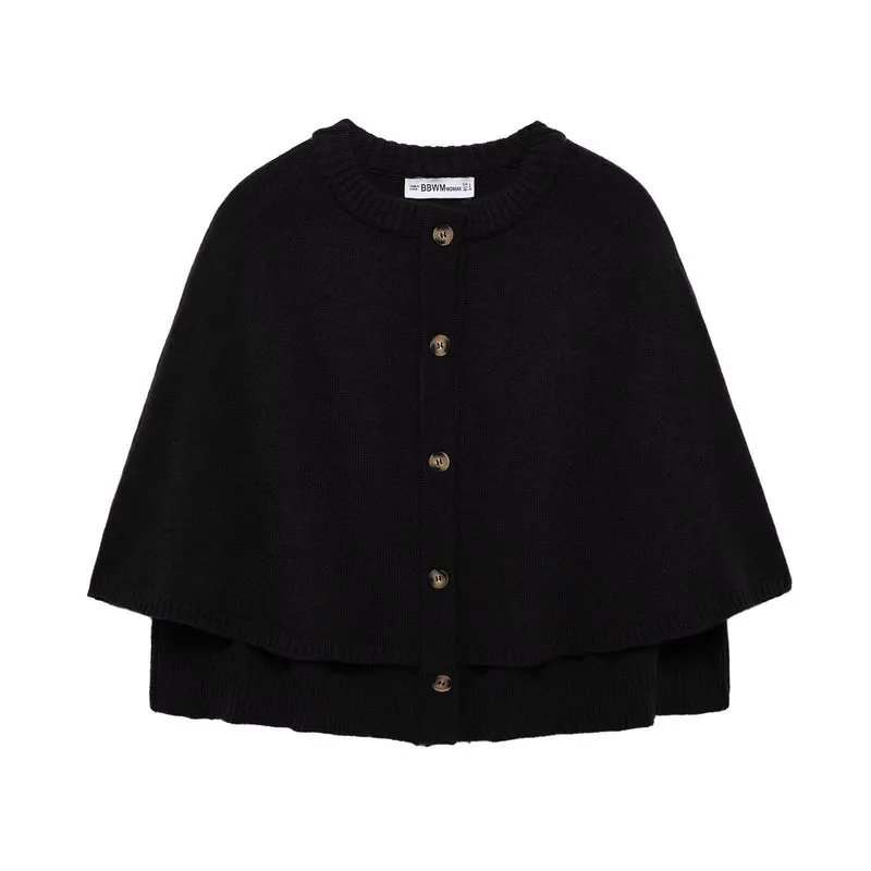 Damen Button-Front Strickcape mit doppelter Lage und Rundhalsausschnitt Nord Taschen
