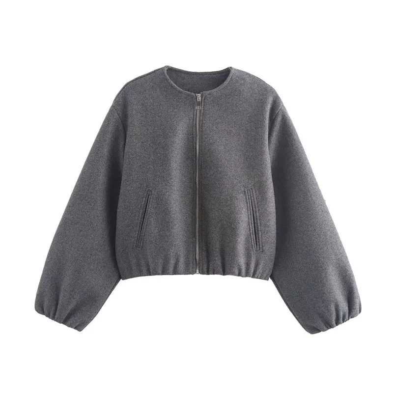 Damen Kurze Wolloptik-Cropped-Jacke mit Reißverschluss, Rundhals und Ballonärmeln Nord Taschen