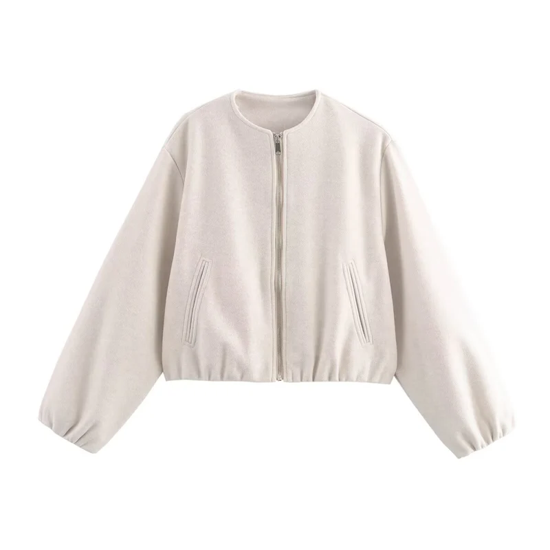 Damen Kurze Wolloptik-Cropped-Jacke mit Reißverschluss, Rundhals und Ballonärmeln Nord Taschen