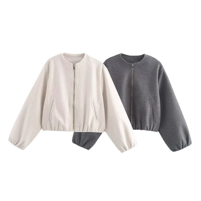 Damen Kurze Wolloptik-Cropped-Jacke mit Reißverschluss, Rundhals und Ballonärmeln Nord Taschen