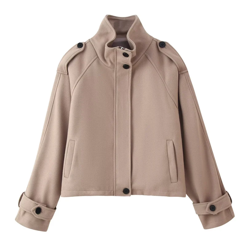 Damen Kurze Wollmix‑Jacke mit Stehkragen, Schulterklappen und verstellbaren Manschetten Nord Taschen