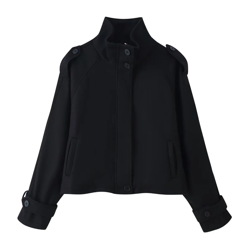 Damen Kurze Wollmix‑Jacke mit Stehkragen, Schulterklappen und verstellbaren Manschetten Nord Taschen