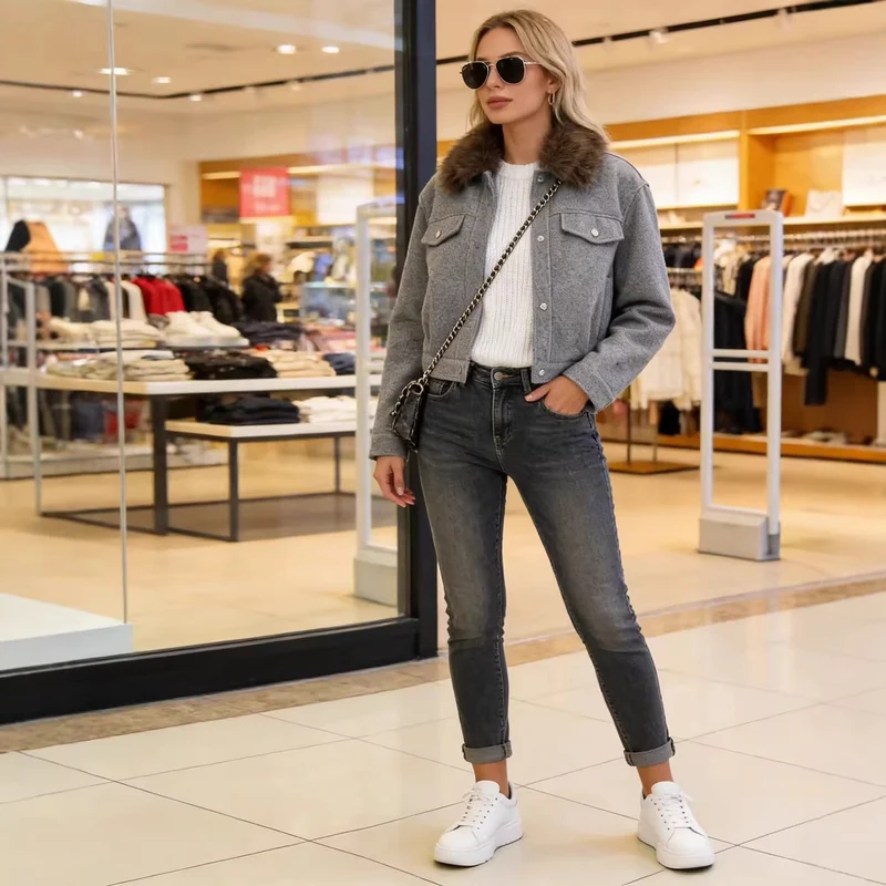 Damen Kurze Wolljacke mit voluminösem Fellkragen, Druckknopf‑Front und aufgesetzten Brusttaschen Nord Taschen