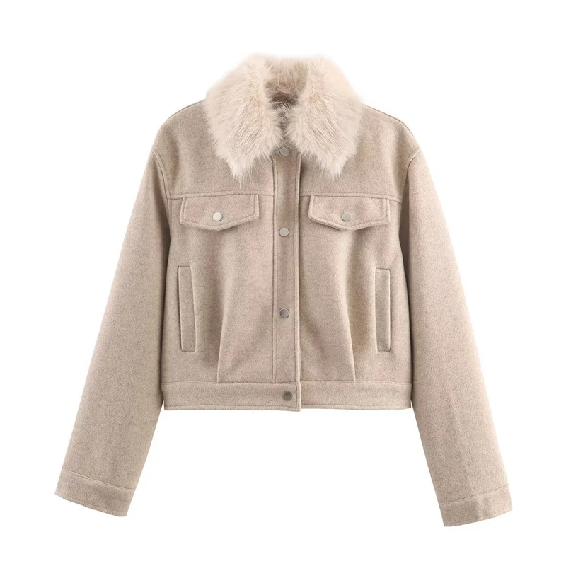 Damen Kurze Wolljacke mit voluminösem Fellkragen, Druckknopf‑Front und aufgesetzten Brusttaschen Nord Taschen