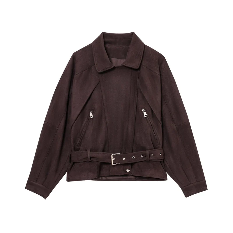 Damen Kurze Wildlederoptik-Trenchjacke mit Taillengürtel und Reißverschluss-Details Nord Taschen