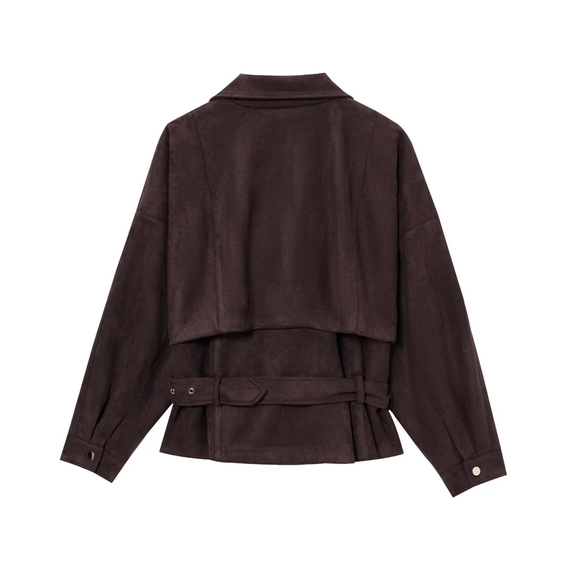 Damen Kurze Wildlederoptik-Trenchjacke mit Taillengürtel und Reißverschluss-Details Nord Taschen