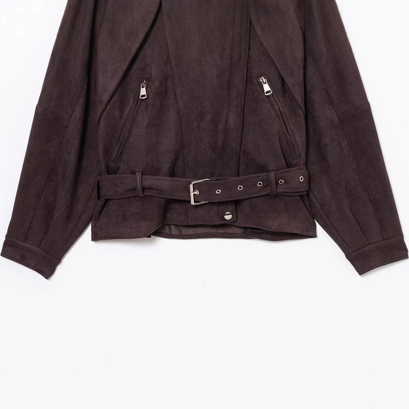 Damen Kurze Wildlederoptik-Trenchjacke mit Taillengürtel und Reißverschluss-Details Nord Taschen