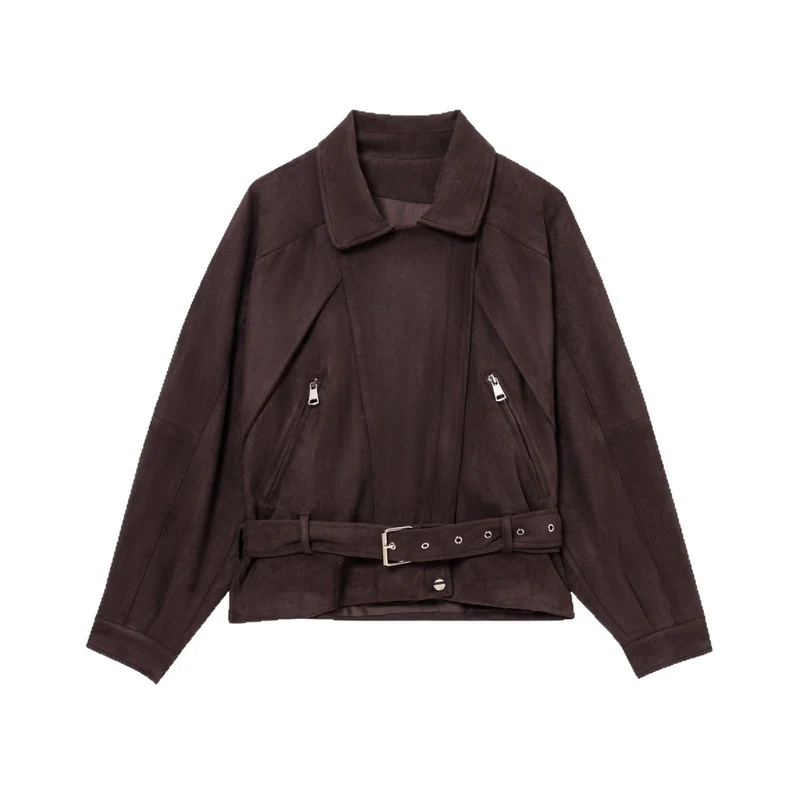 Damen Kurze Wildlederoptik-Trenchjacke mit Taillengürtel und Reißverschluss-Details Nord Taschen