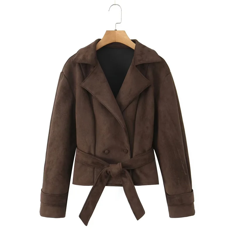 Damen Kurze Wildlederoptik-Jacke mit Taillengürtel und Reverskragen Nord Taschen