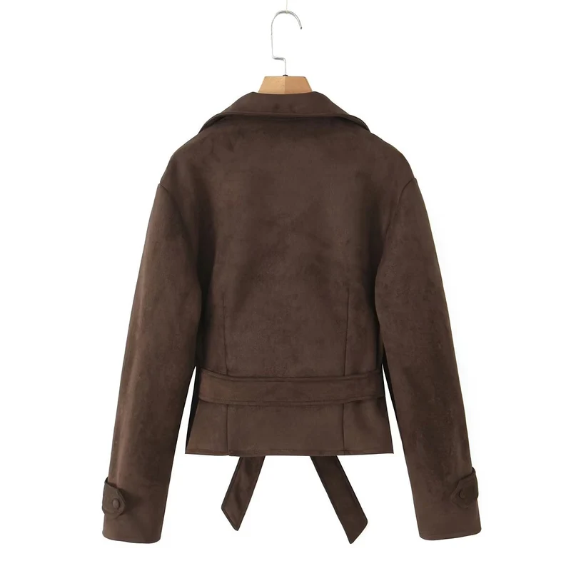 Damen Kurze Wildlederoptik-Jacke mit Taillengürtel und Reverskragen Nord Taschen