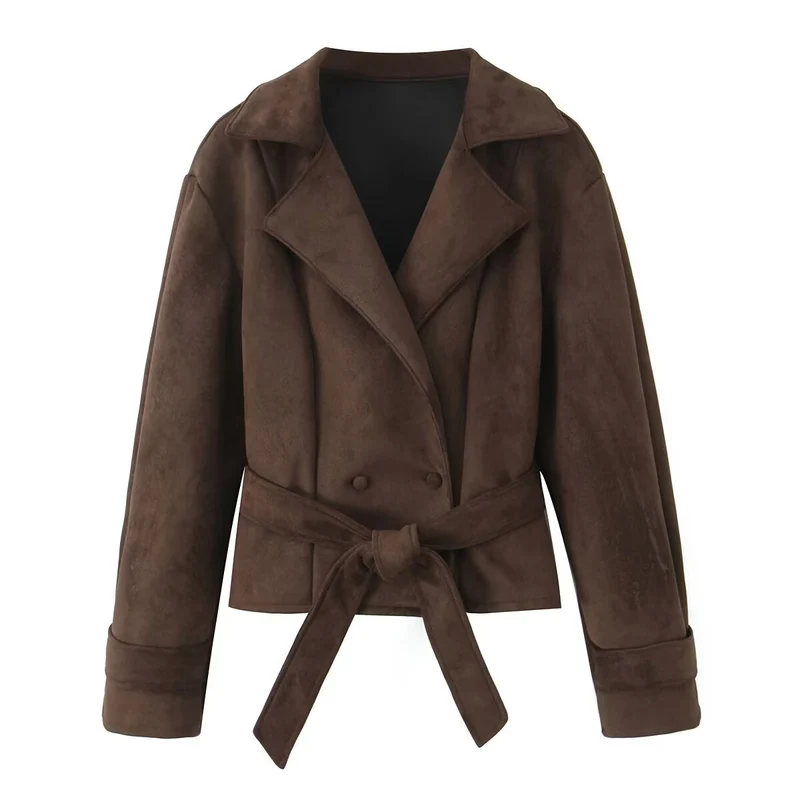 Damen Kurze Wildlederoptik-Jacke mit Taillengürtel und Reverskragen Nord Taschen