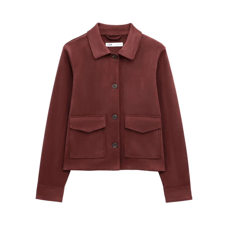 Damen Kurze Wildlederoptik-Jacke mit aufgesetzten Klappentaschen Nord Taschen