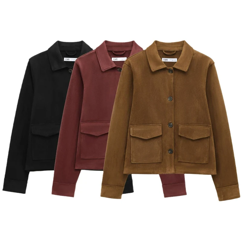 Damen Kurze Wildlederoptik-Jacke mit aufgesetzten Klappentaschen Nord Taschen