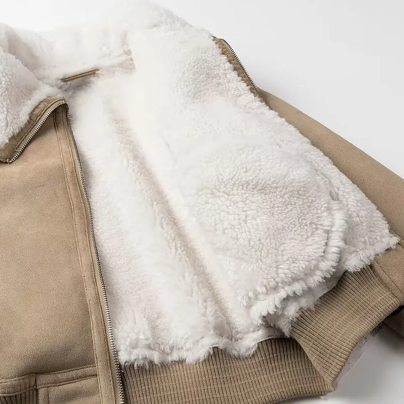 Damen Kurze Wildlederoptik-Bomberjacke mit Teddykragen und Rippbündchen Nord Taschen