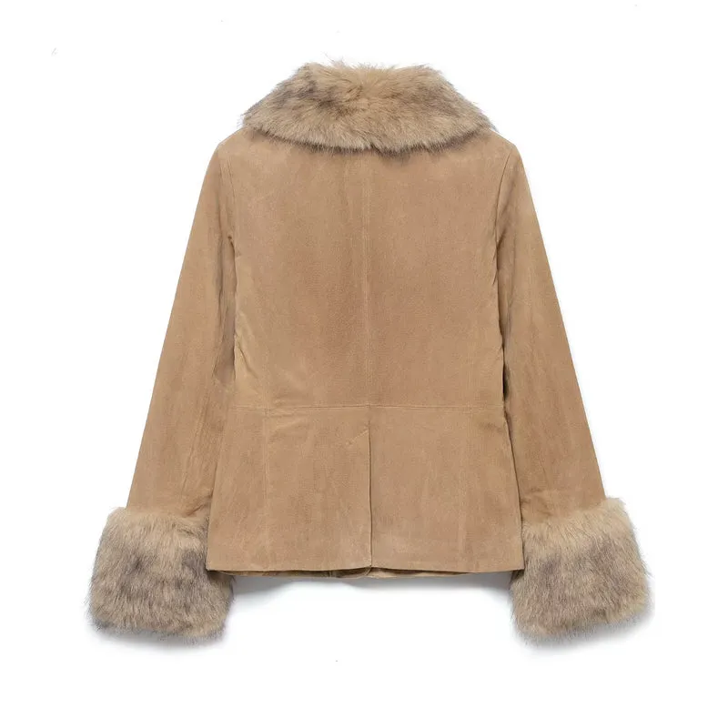 Damen kurze Wildlederjacke mit voluminärem Fellkragen und breiten Fellmanschetten Nord Taschen