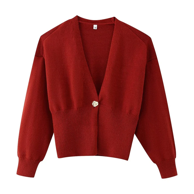 Damen Kurze V‑Ausschnitt Strickjacke mit Ballonärmeln und Zierknopf Nord Taschen