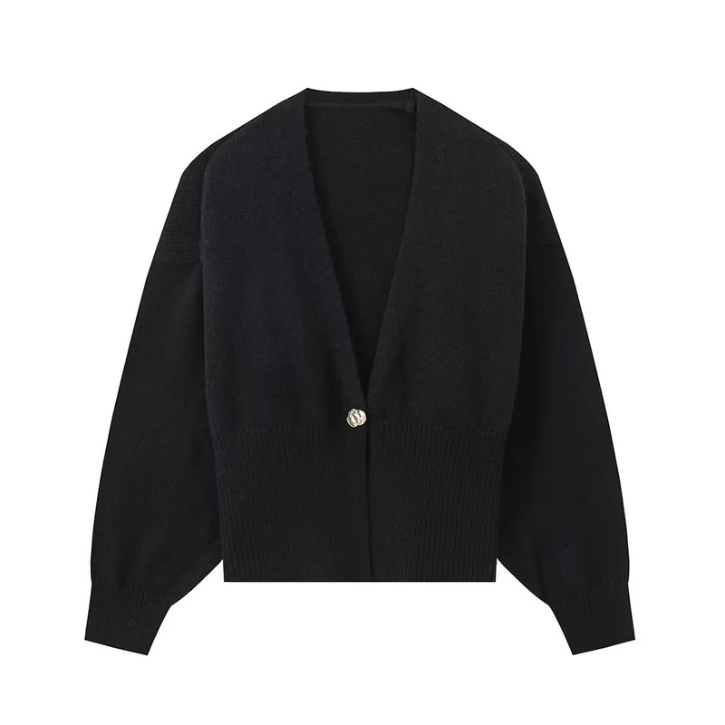 Damen Kurze V‑Ausschnitt Strickjacke mit Ballonärmeln und Zierknopf Nord Taschen