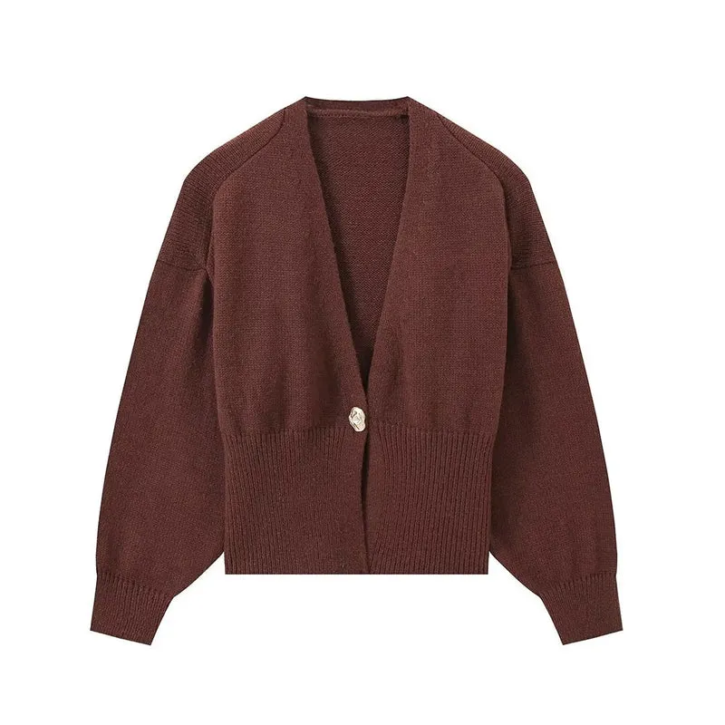 Damen Kurze V‑Ausschnitt Strickjacke mit Ballonärmeln und Zierknopf Nord Taschen