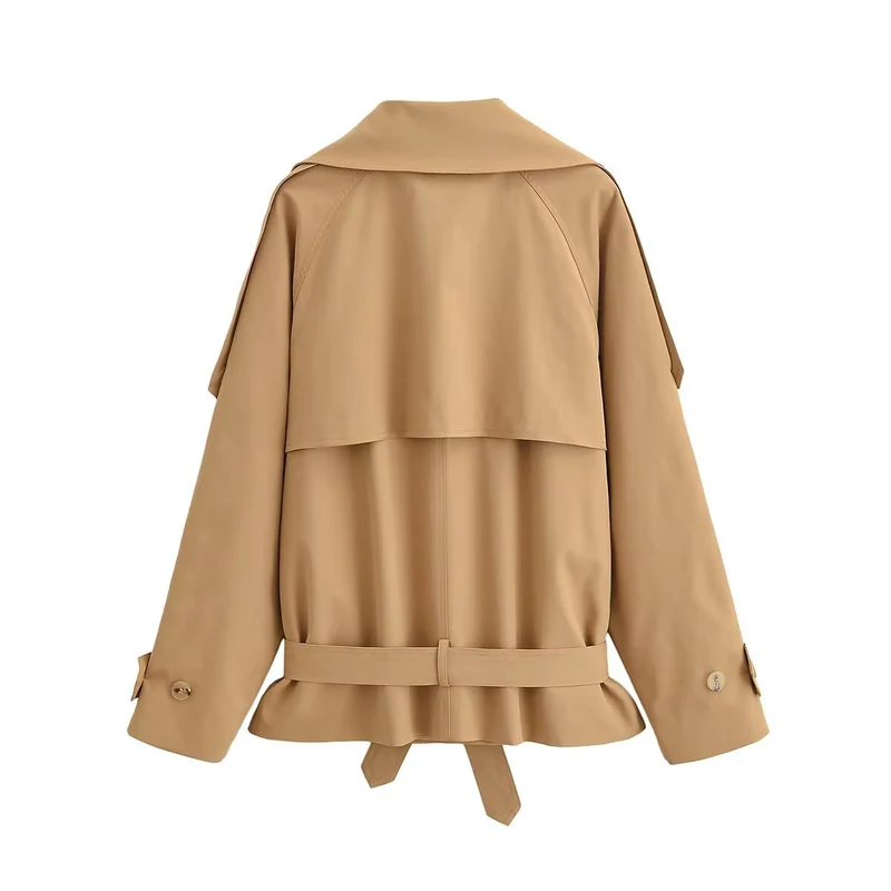 Damen Kurze Trenchjacke mit Capekragen, Schulterpatten und Schleifen-Taillengürtel Nord Taschen