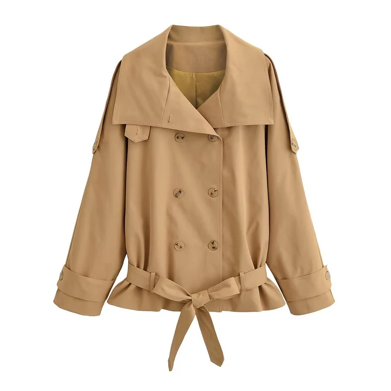 Damen Kurze Trenchjacke mit Capekragen, Schulterpatten und Schleifen-Taillengürtel Nord Taschen