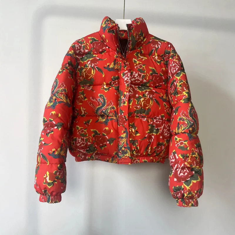 Damen Gesteppte Wattierte Kurzjacke mit floralem Alloverprint und Stehkragen Nord Taschen