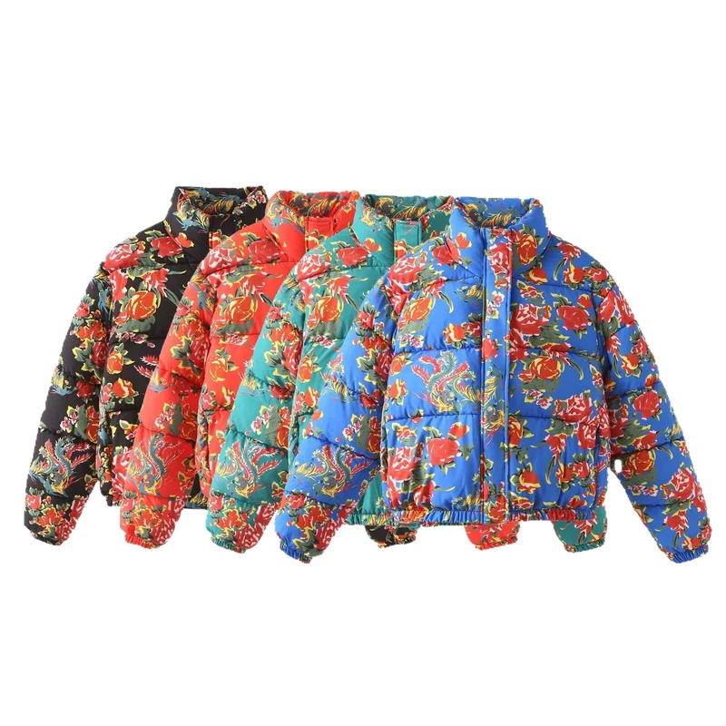 Damen Gesteppte Wattierte Kurzjacke mit floralem Alloverprint und Stehkragen Nord Taschen